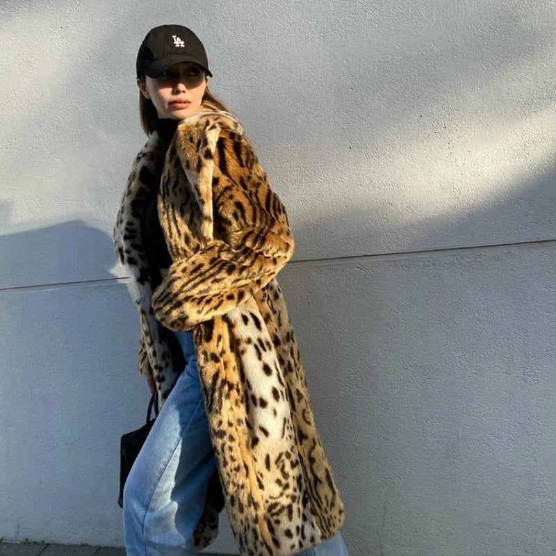 Y2K Leopard Print Faux Fur Long Coat