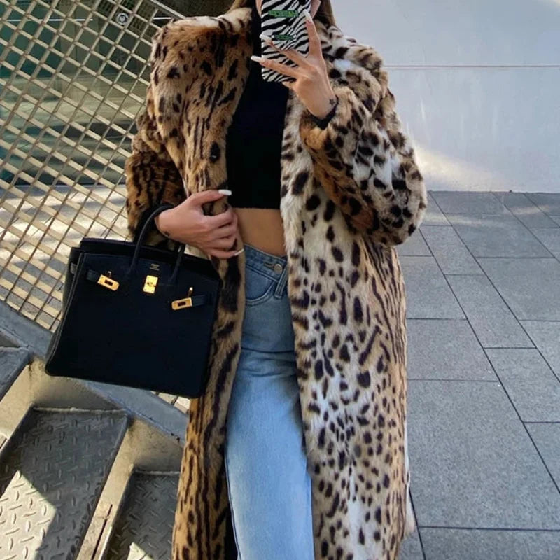Y2K Leopard Print Faux Fur Long Coat