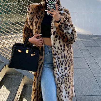 Y2K Leopard Print Faux Fur Long Coat