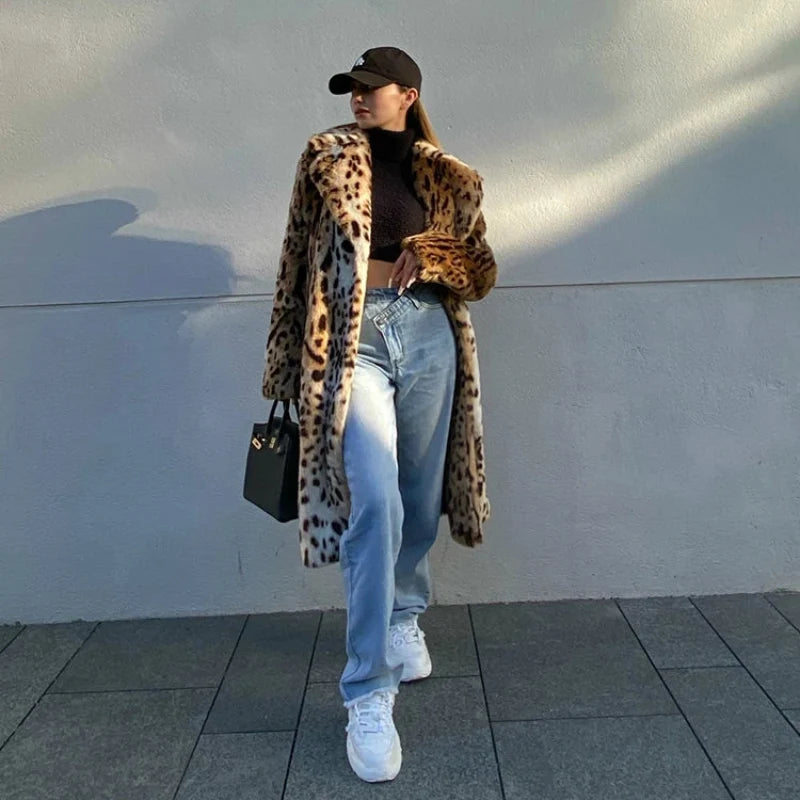 Y2K Leopard Print Faux Fur Long Coat