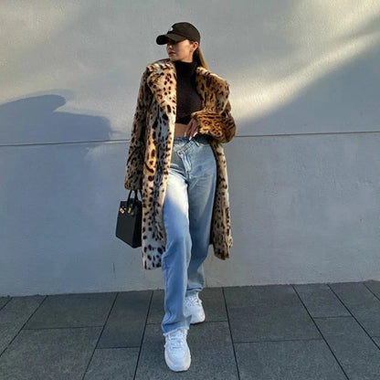 Y2K Leopard Print Faux Fur Long Coat