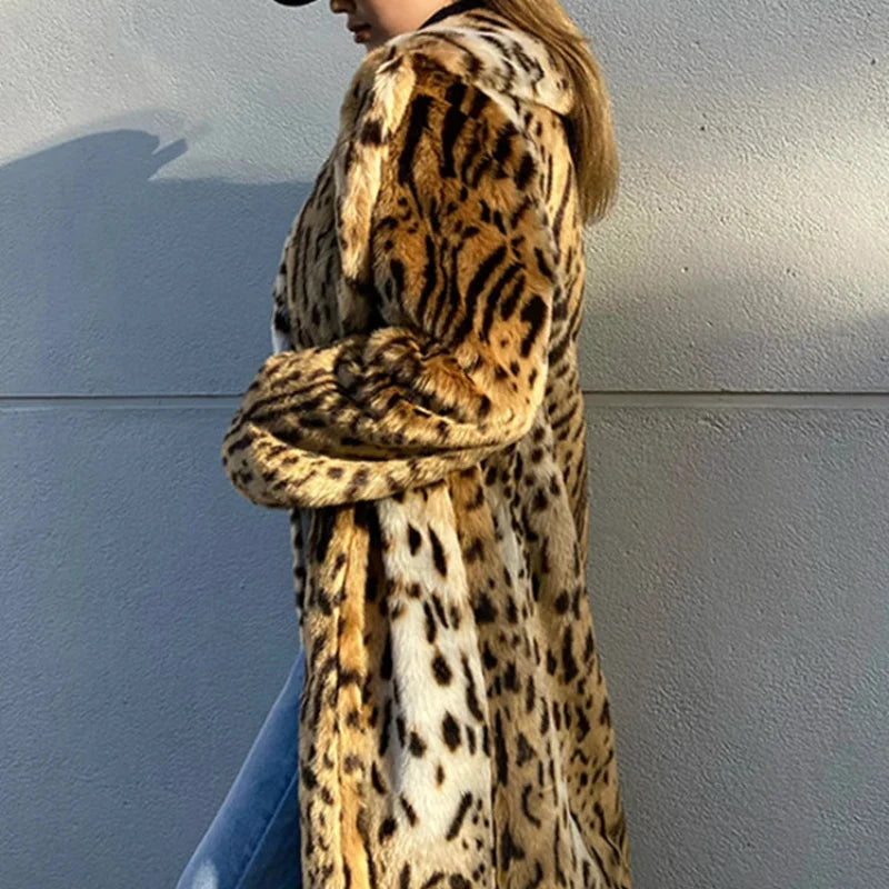 Y2K Leopard Print Faux Fur Long Coat