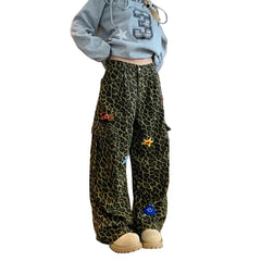 Y2K Leopard Print Patchwork Wide Leg Baggy Jeans