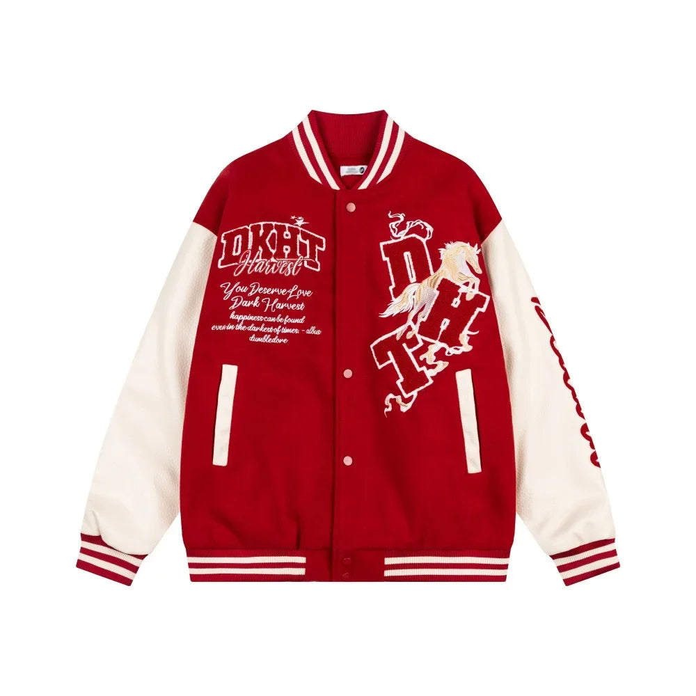 Y2K Letter Embroidered Baseball Faux PU Leather Varsity Jacket