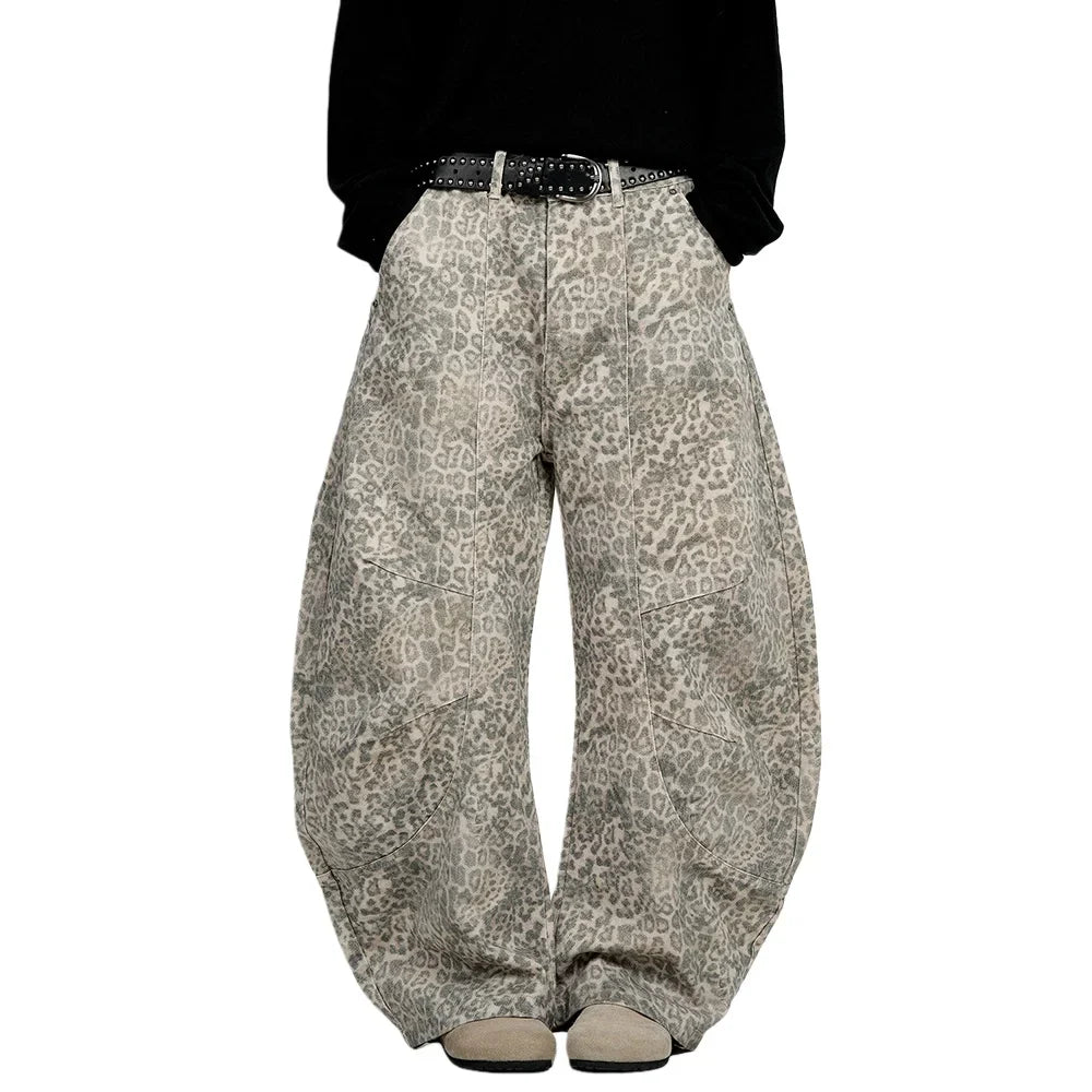 Y2K Light Leopard Print Baggy Denim Curved Barrel Jeans