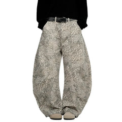 Y2K Light Leopard Print Baggy Denim Curved Barrel Jeans