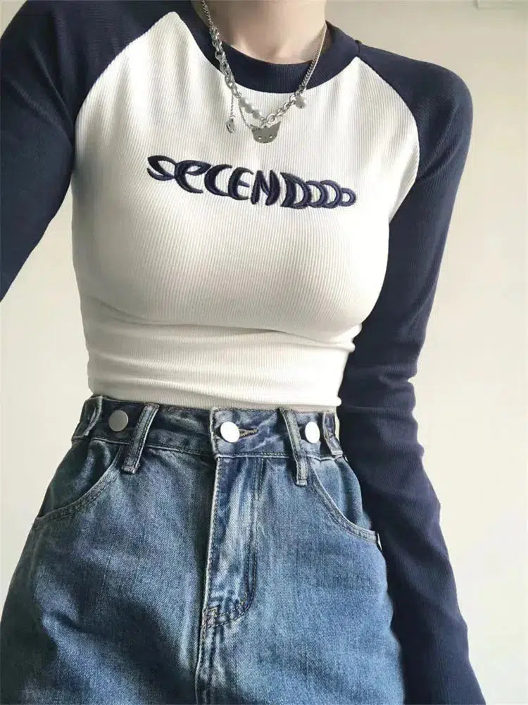 Y2K Long Sleeve Embroidered Top