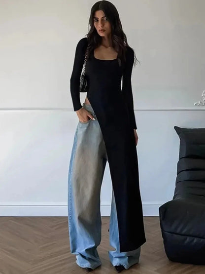 Y2K Long Sleeve High Slit Black Dress
