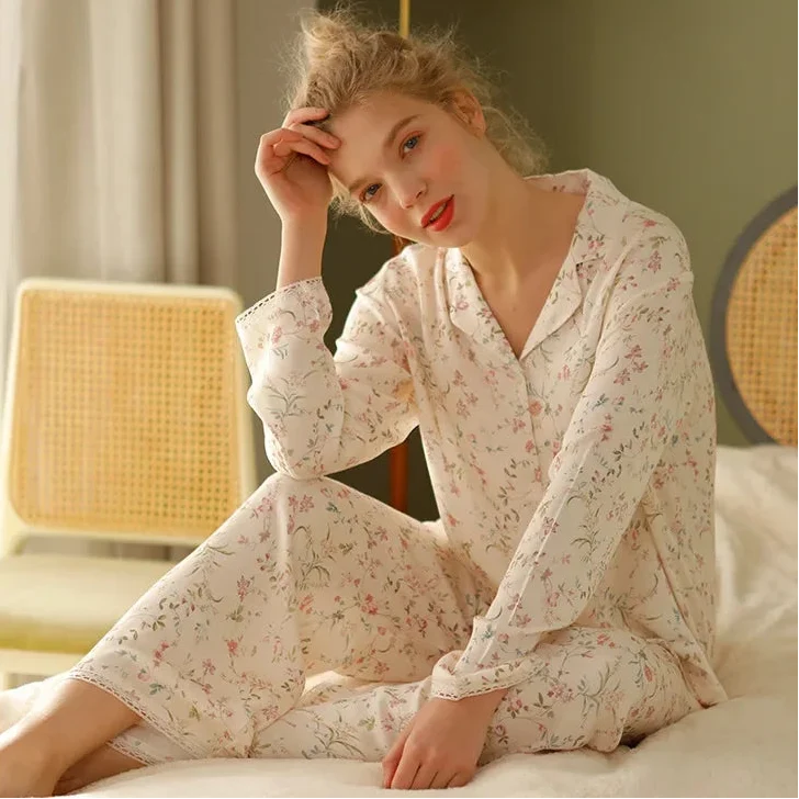 Y2K Long Sleeve Willow Leaf Print Two Piece Pyjamas
