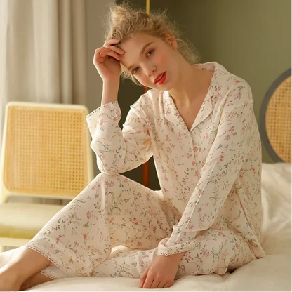 Y2K Long Sleeve Willow Leaf Print Two Piece Pyjamas