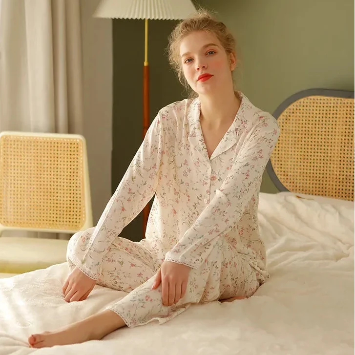 Y2K Long Sleeve Willow Leaf Print Two Piece Pyjamas