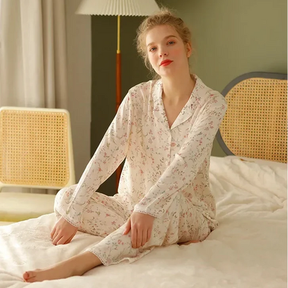 Y2K Long Sleeve Willow Leaf Print Two Piece Pyjamas