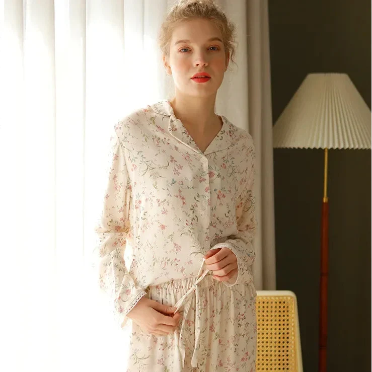 Y2K Long Sleeve Willow Leaf Print Two Piece Pyjamas