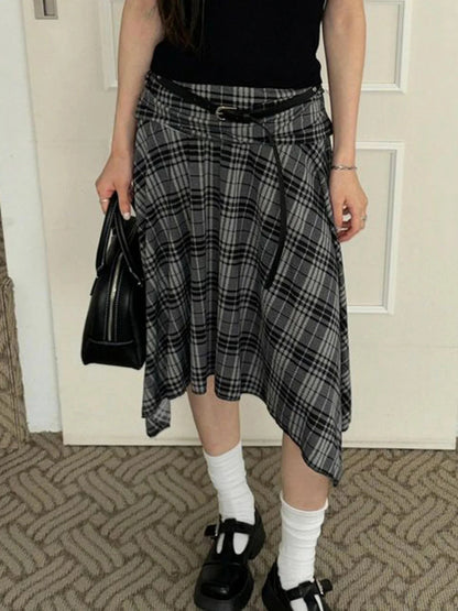 Y2K Loose Irregular Flowy Grey Plaid Midi Skirt