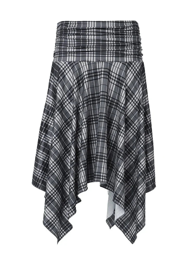 Y2K Loose Irregular Flowy Grey Plaid Midi Skirt