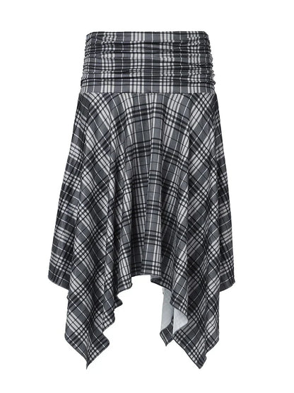 Y2K Loose Irregular Flowy Grey Plaid Midi Skirt