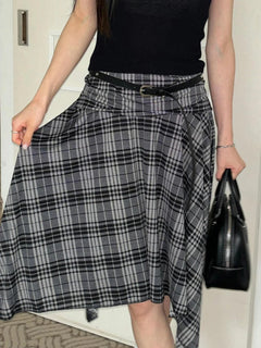 Y2K Loose Irregular Flowy Grey Plaid Midi Skirt