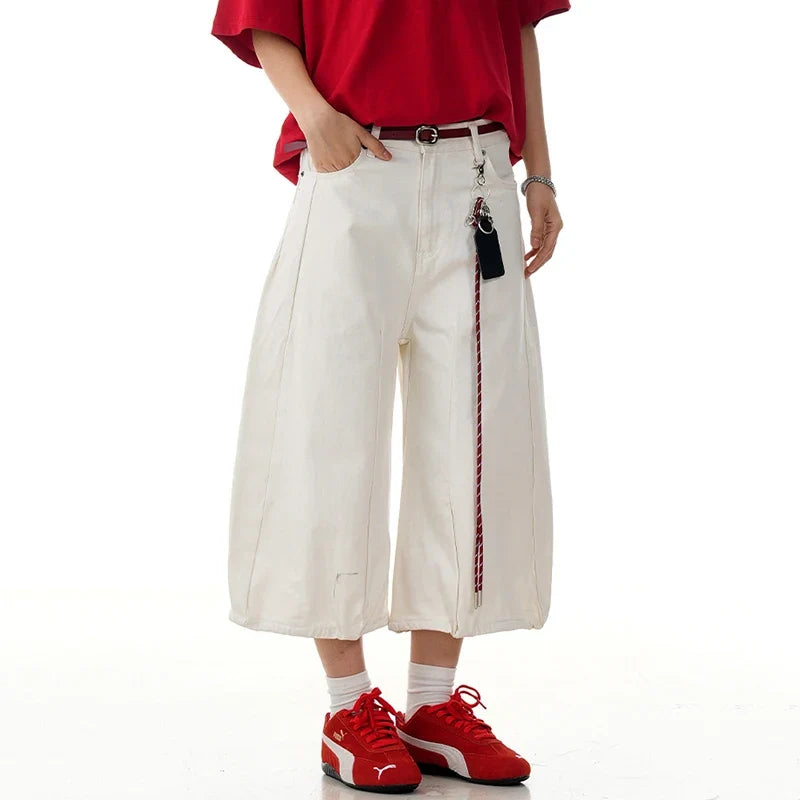 Y2K Loose Wide Leg White Long Denim Shorts Jorts