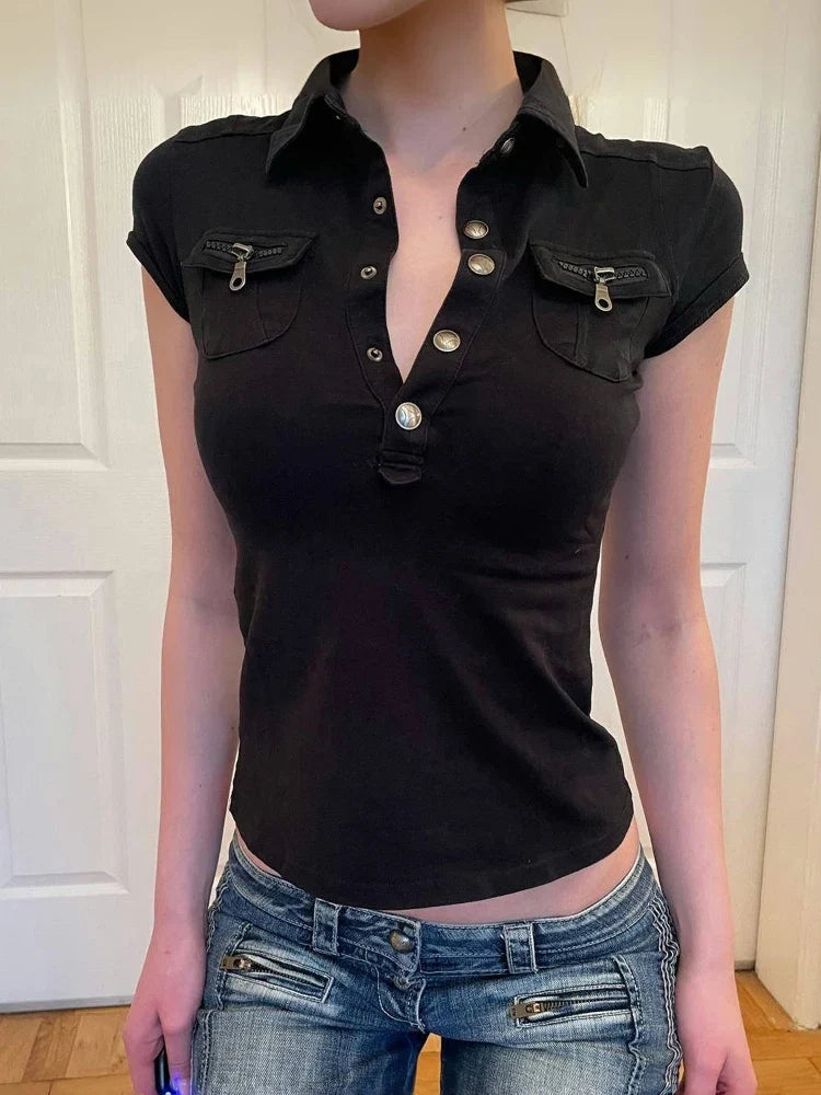 Y2K Low Cut Short Sleeve Workwear Top