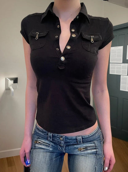 Y2K Low Cut Short Sleeve Workwear Top