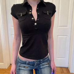 Y2K Low Cut Short Sleeve Workwear Top