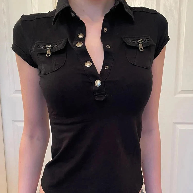 Y2K Low Cut Short Sleeve Workwear Top