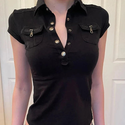 Y2K Low Cut Short Sleeve Workwear Top