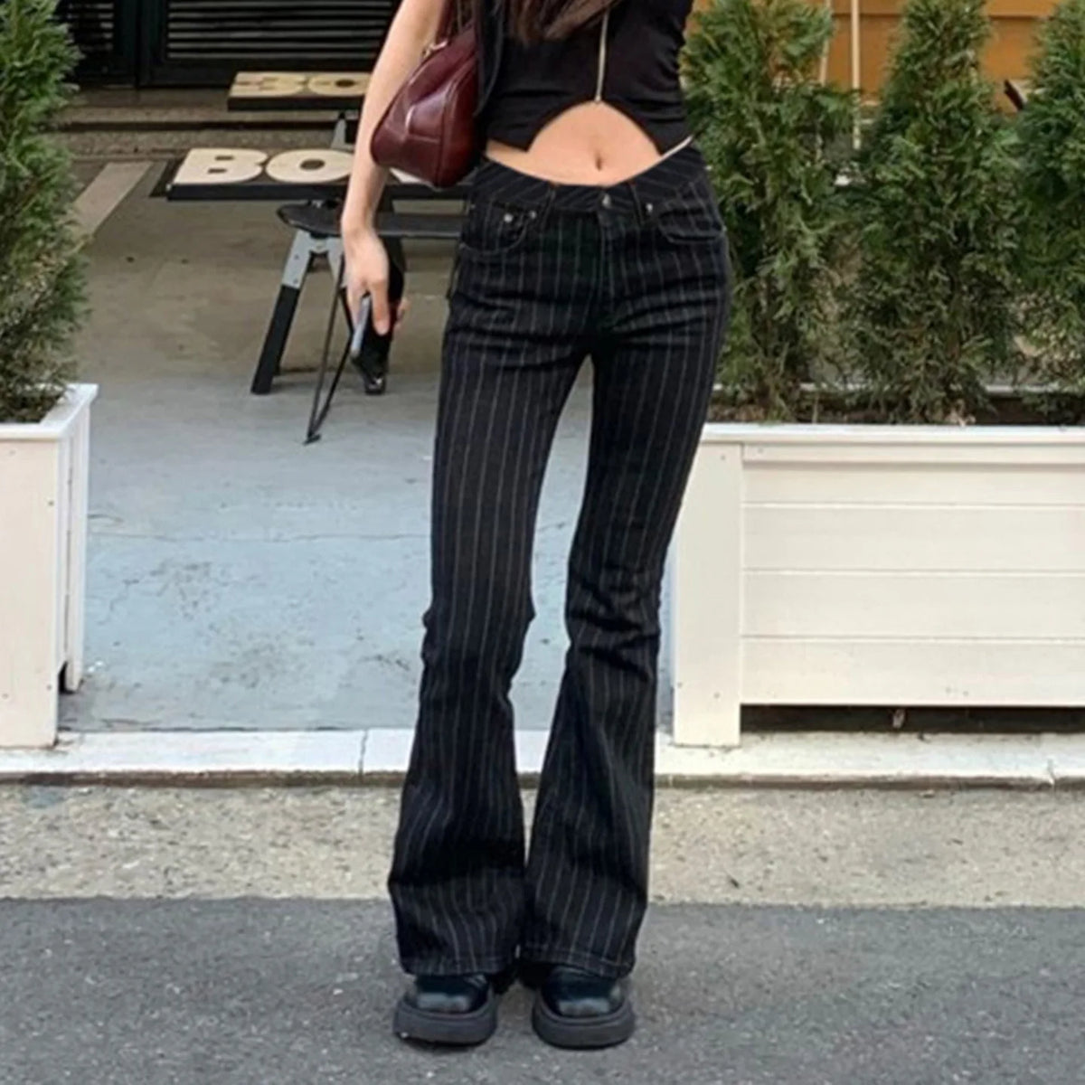Y2K Low Rise Pinstripe Black Flared Denim Jeans