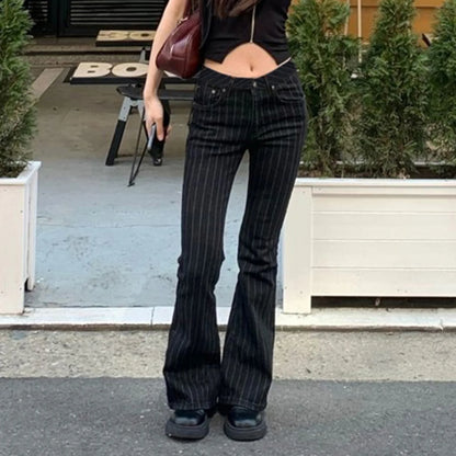 Y2K Low Rise Pinstripe Black Flared Denim Jeans