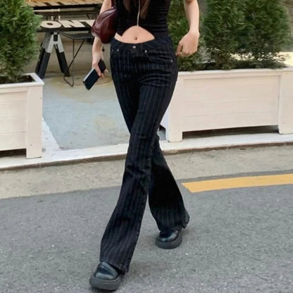 Y2K Low Rise Pinstripe Black Flared Denim Jeans