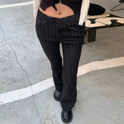 Y2K Low Rise Pinstripe Black Flared Denim Jeans