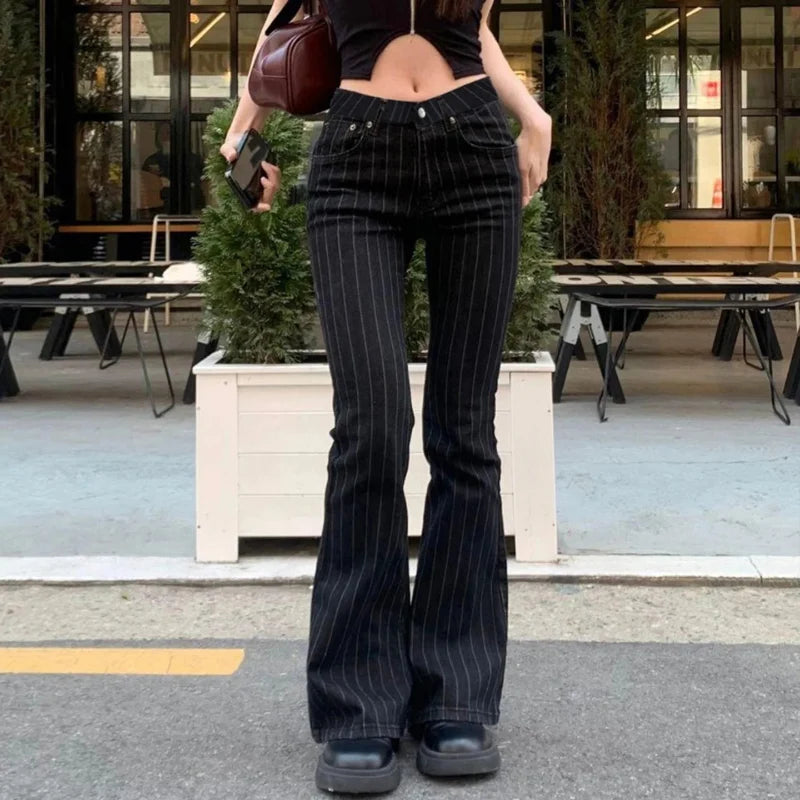 Y2K Low Rise Pinstripe Black Flared Denim Jeans