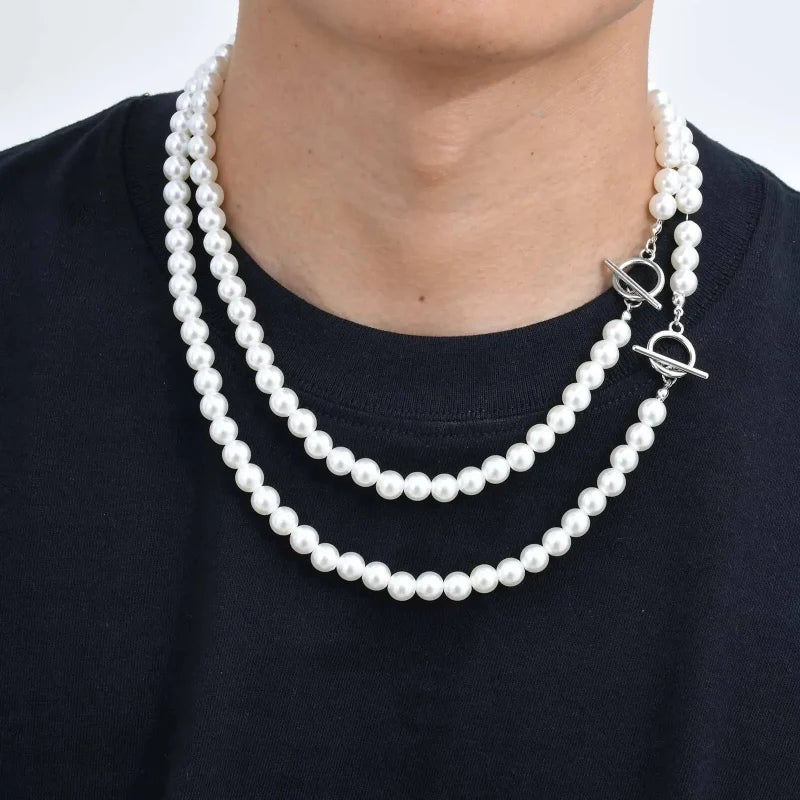 Y2K Mens Imitation Pearl Beaded Necklace