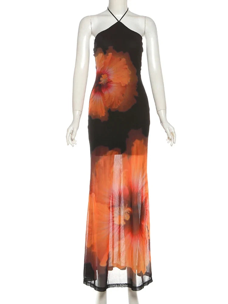 Y2K Mesh Flower Print Halter Sleeveless Maxi Dress