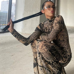 Y2K Mesh Print Turtleneck Bodycon Maxi Dress
