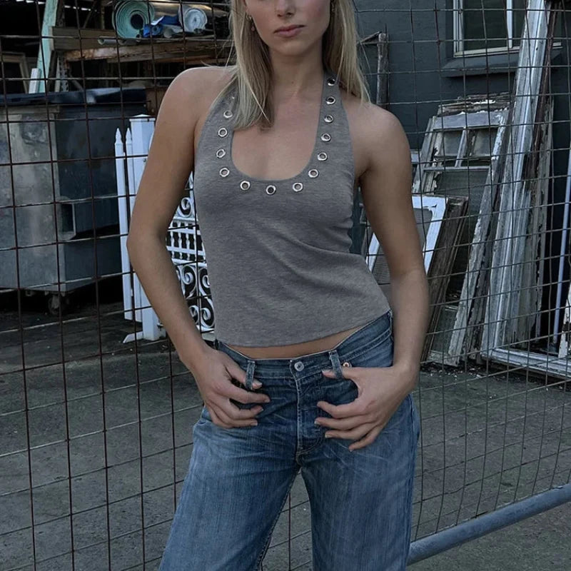 Y2K Metal Hollow Halter Tank Top