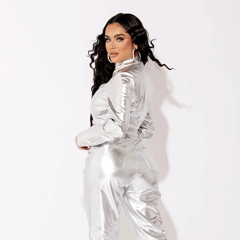 Y2K Metallic Cropped Zip Up Jacket