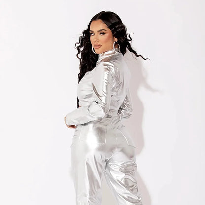 Y2K Metallic Cropped Zip Up Jacket