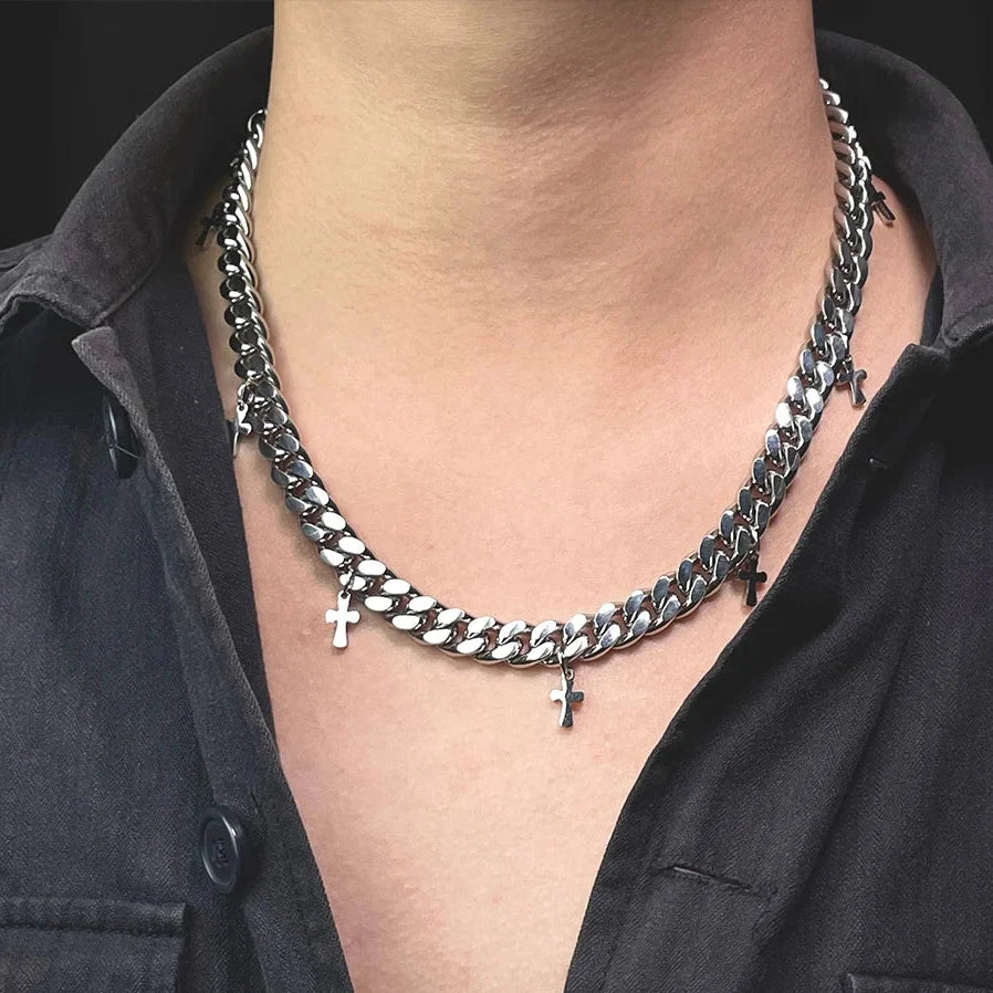 Y2K Mini Cross Pendant Cuban Chain Necklace