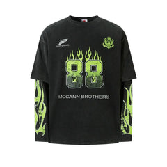 Y2K Mock Layered Flame Graphic Long Sleeve Top