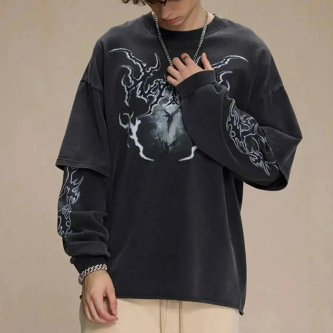 Y2K Mock Two Piece Spiritual Graphic Long Sleeve Top