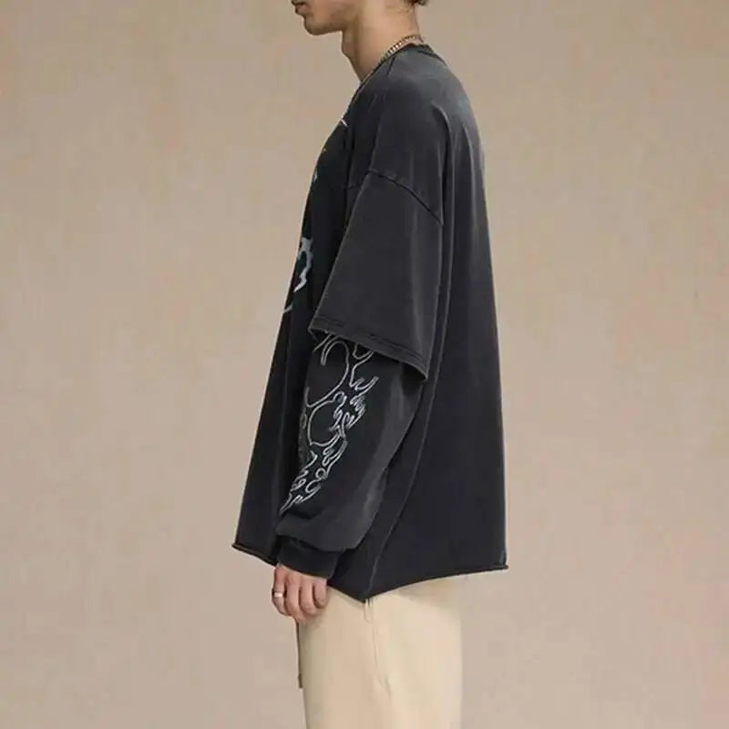 Y2K Mock Two Piece Spiritual Graphic Long Sleeve Top