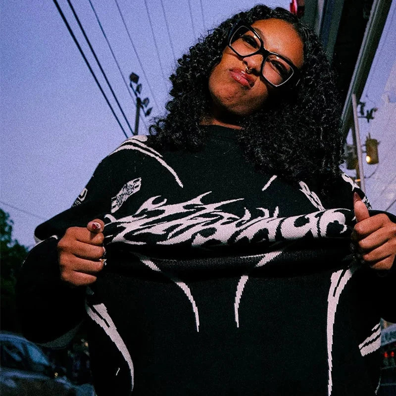 Y2K Moto Gothic Knitted Sweatshirt