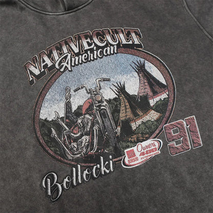 Y2K Motorcycle Graphic Print Distressed Baggy Hoodie