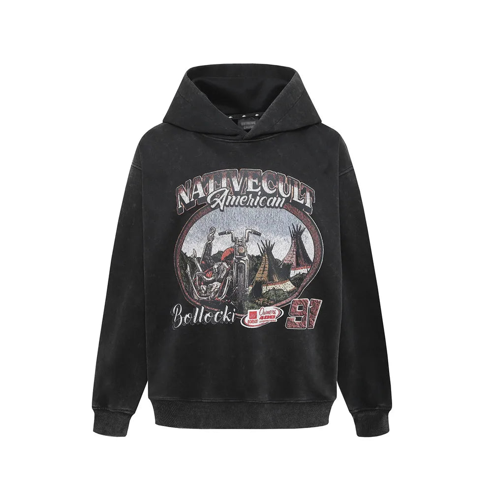 Y2K Motorcycle Graphic Print Distressed Baggy Hoodie