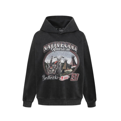 Y2K Motorcycle Graphic Print Distressed Baggy Hoodie
