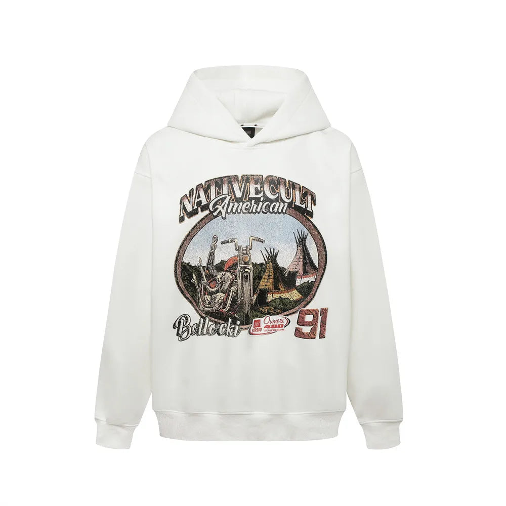Y2K Motorcycle Graphic Print Distressed Baggy Hoodie