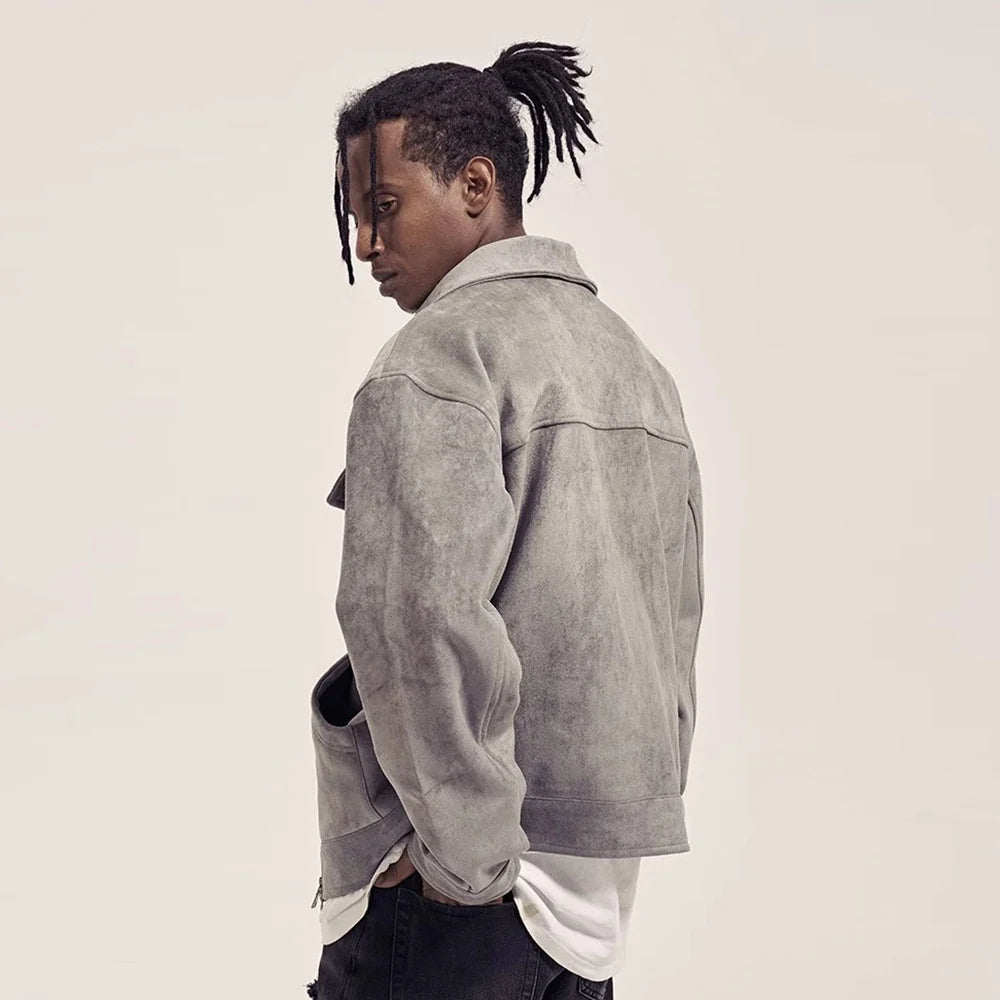 Y2K Multi Pocket Suede Cargo Zip Up Jacket