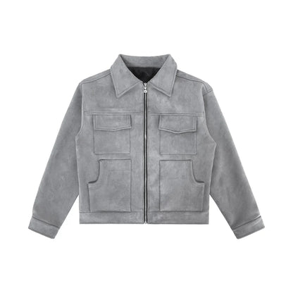Y2K Multi Pocket Suede Cargo Zip Up Jacket
