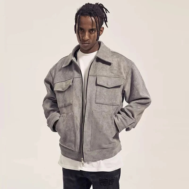 Y2K Multi Pocket Suede Cargo Zip Up Jacket
